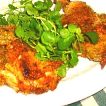 Two golden brown grilled chicken breasts with greens.