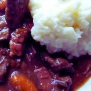Chunks of beef in gravy with carrots and pile of white mashed potatoes.