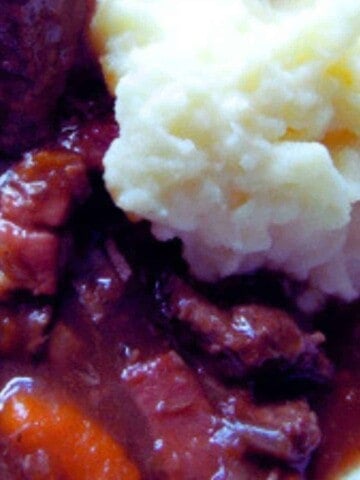 Chunks of beef in gravy with carrots and pile of white mashed potatoes.