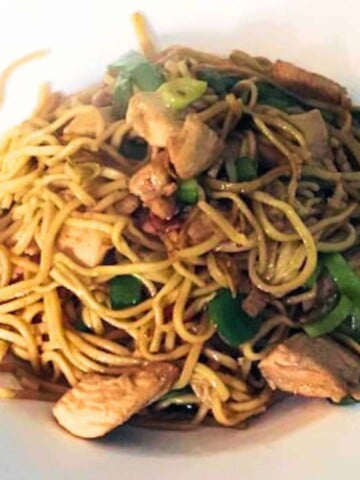 On a white shallow bowl a pile of noodles mixed with green onions, chicken pieces covered in a clear sauce.