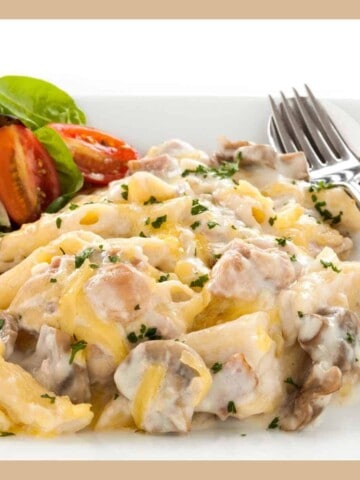 Chunks of chicken and mushrooms in a white sauce sprinkled with pale yellow cheese and a green and red salad on the side on a white plate with a steel fork and spoon.