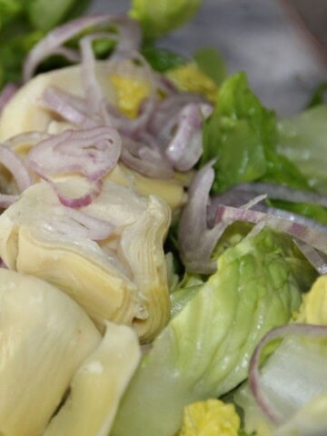 Cut up artichokes with slices of red onion.