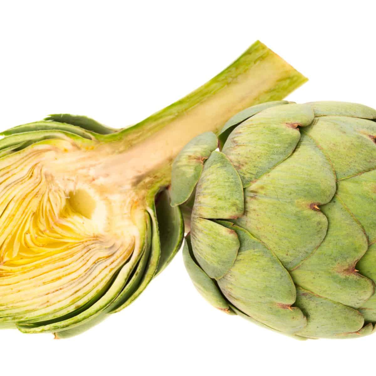 The green outside of an artichoke with the outer leaves showing overlapping the one before and one cut in half showing the outer leaves the yellow fleshy leaves that are eaten and the inner choke that is discarded.