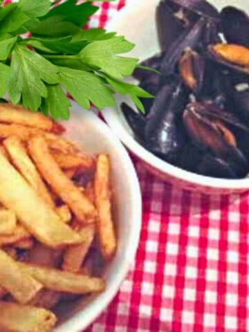 Two white bowls one with dark shellfish, the other with brown potato sticks on a red gingham table cloth with green plant garnish.
