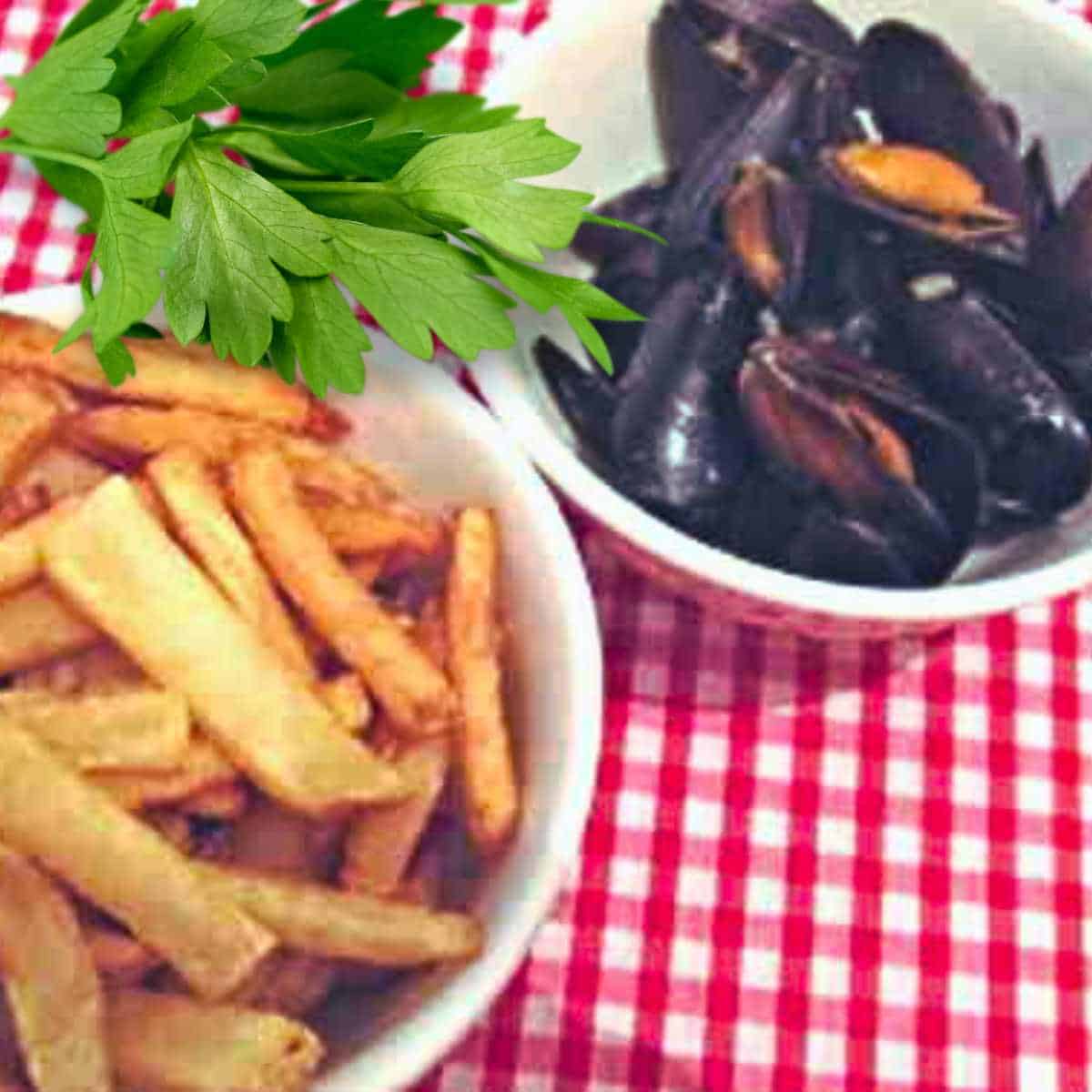 Two white bowls one with dark shellfish, the other with brown potato sticks on a red gingham table cloth with green plant garnish.