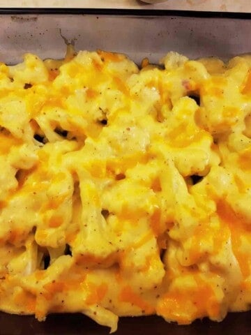 Dark glass oven dish with cauliflower florets covered in yellow cheesy cream sauce.