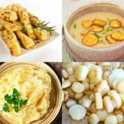 Four photos of parsnips prepared in 4 different ways, roasted, mashed, fried, and as soup.