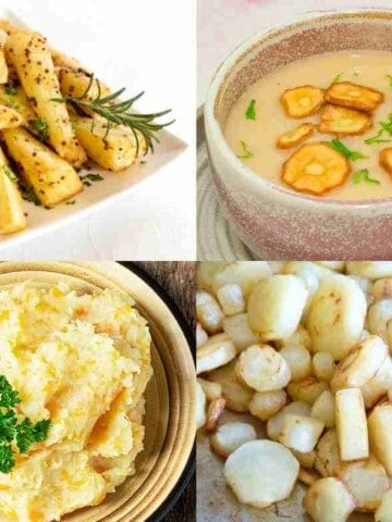 Four photos of parsnips prepared in 4 different ways, roasted, mashed, fried, and as soup.