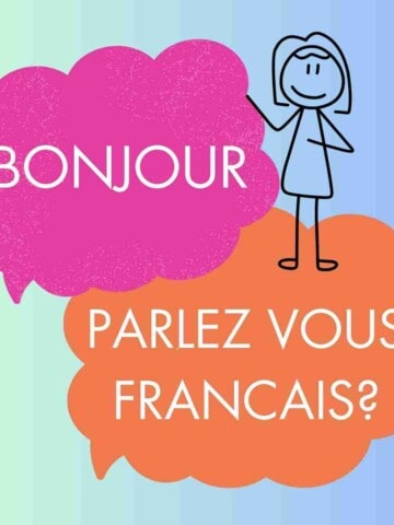 A green and blue background with a pink bubble with the word, bonjour, and an orange bubble with the words, parlez vous Francais?
