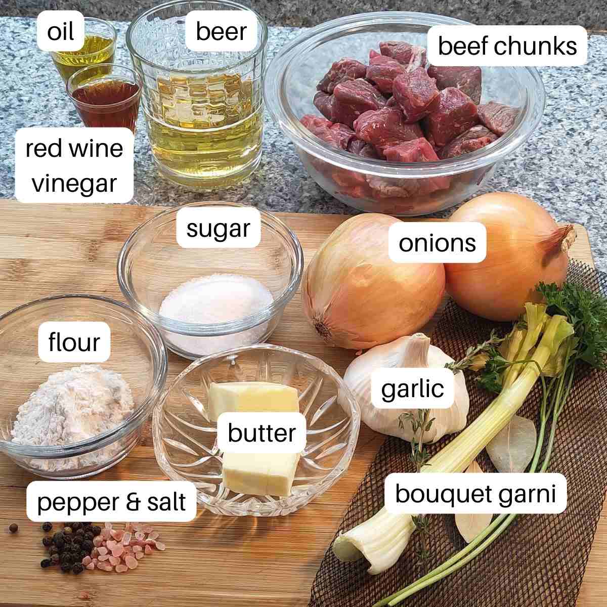 A photo of all the ingredients in beef and beer stew recipe.