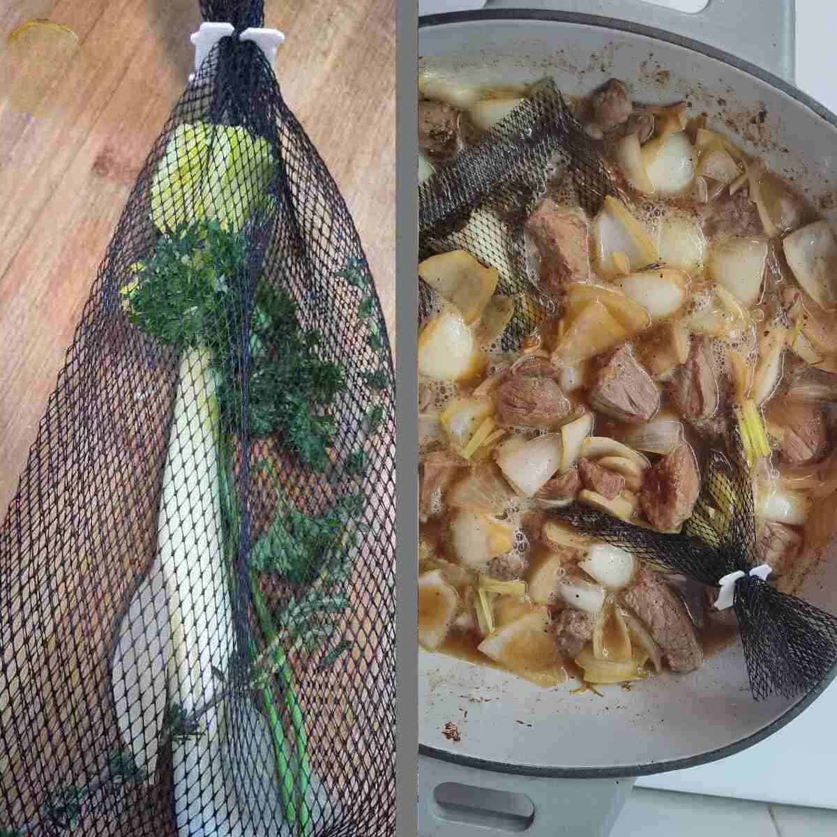 On the left side of the image is a bouquet garni filled with celery, parsley, thyme, and bay leaf.