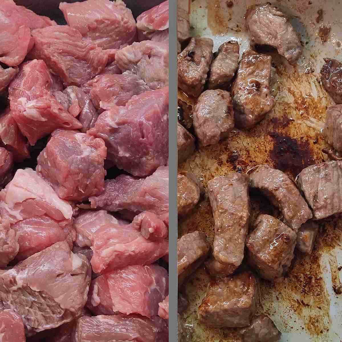 Raw beef chunks on left side of pic and searing beef chunks on right side.