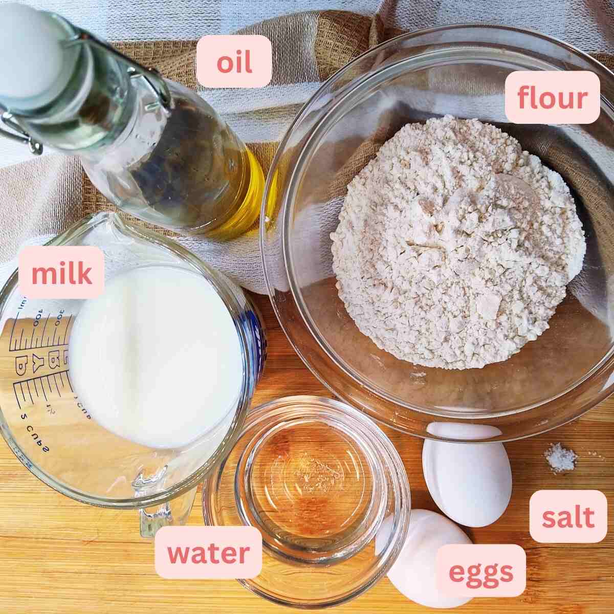 Ingredients for basic crepes with flour, milk, water, salt, and two eggs.