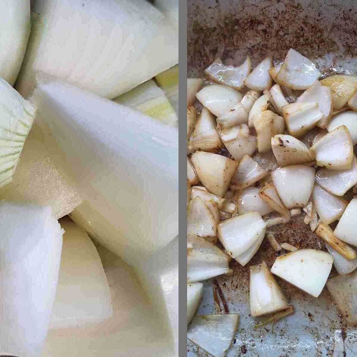 Raw chopped onion on the left and onions cooking on the right.