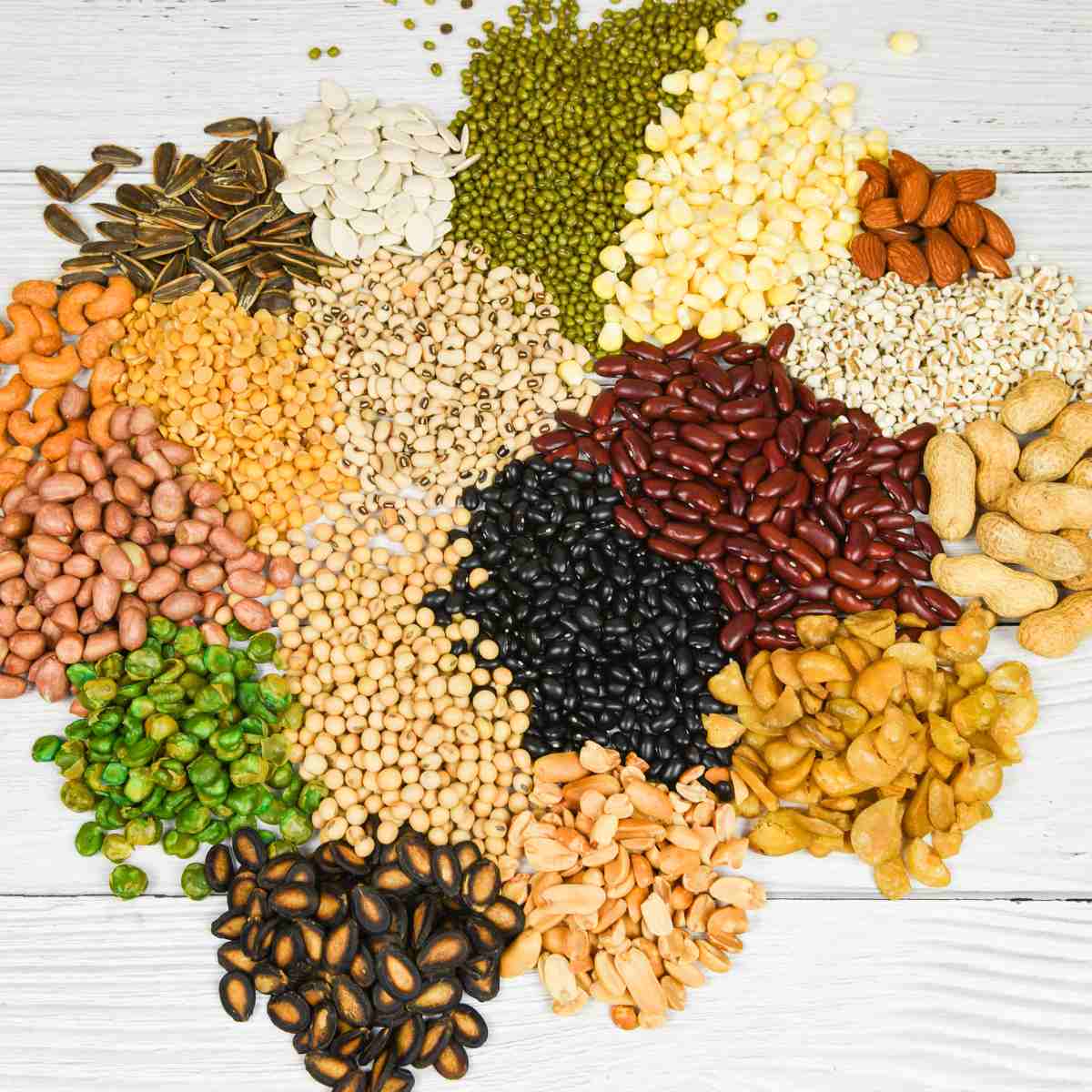 A mix of beans, lentils, peas, and peanuts all different colors.