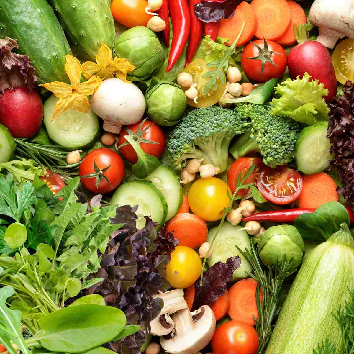Multi colored vegetables of all shapes and sizes for making salads.