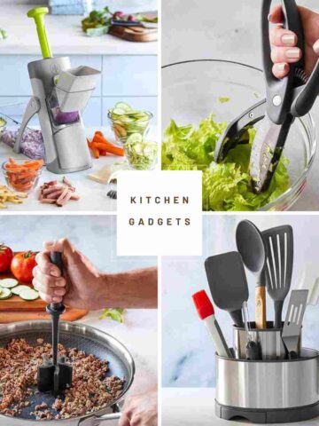 Four images of kitchen gadgets that make meal prep easier.