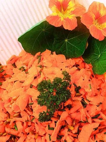 Bright orange grated carrots with green parsley and green nasturtian leaves and orange blossoms.