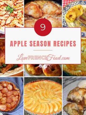 A square image with 9 photos of apple recipes and a white label with pink type.