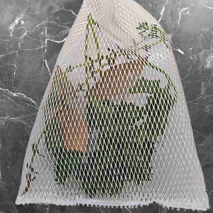 A white nylon bag with bouquet garni herbs inside.