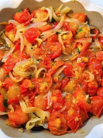 Colorful vegetables from the pan in the baker.