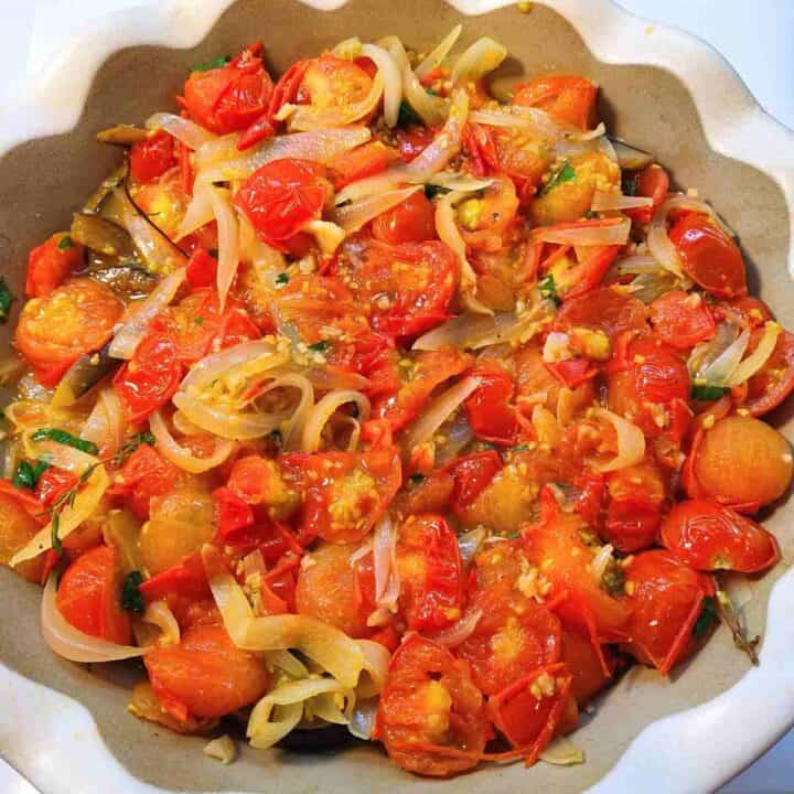 Colorful vegetables from the pan in the baker.