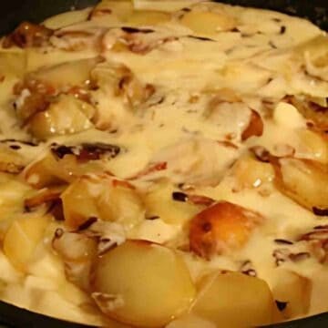 A yellow, and brown dish of potatoes and melted cheese.