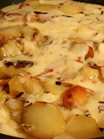 A yellow, and brown dish of potatoes and melted cheese.