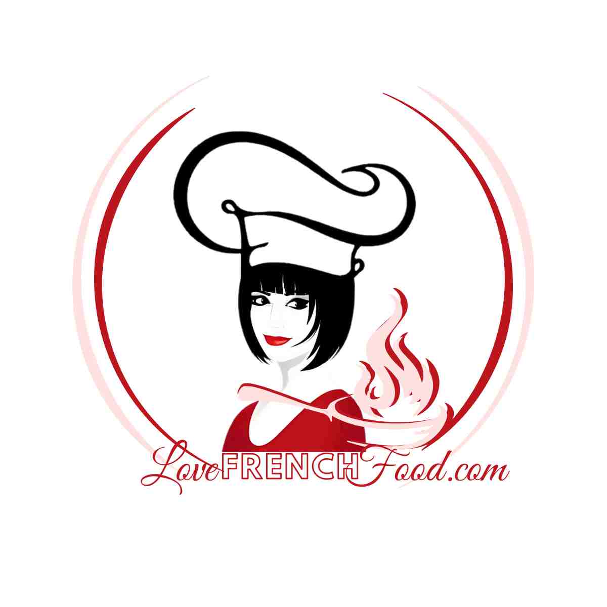 LoveFrenchFood logo in red, pink, salmon accents with black French chef.