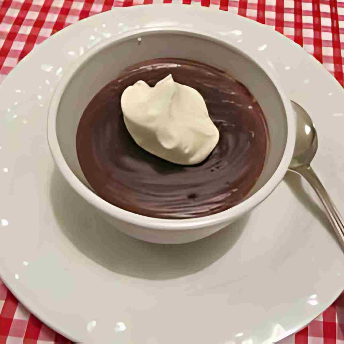 Rich dark chocolate mousse in a bowl with a dollop of white whipped cream on top.