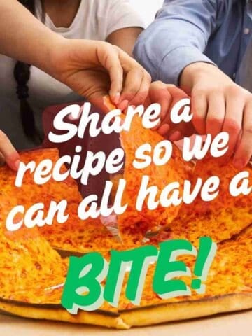 Friends grabbing a slice of pizza with words saying share a recipe so we can all have a bite.