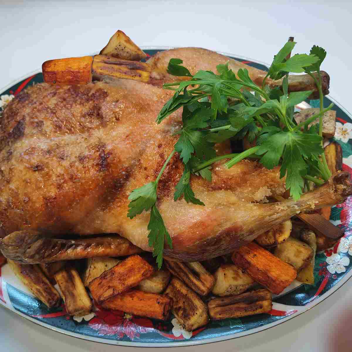 Baked duck with care to create crispy skin.