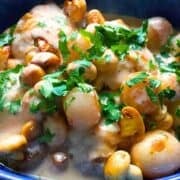 A French classic chicken Fricassée with tender chicken and mushrooms in a rich creamy sauce.