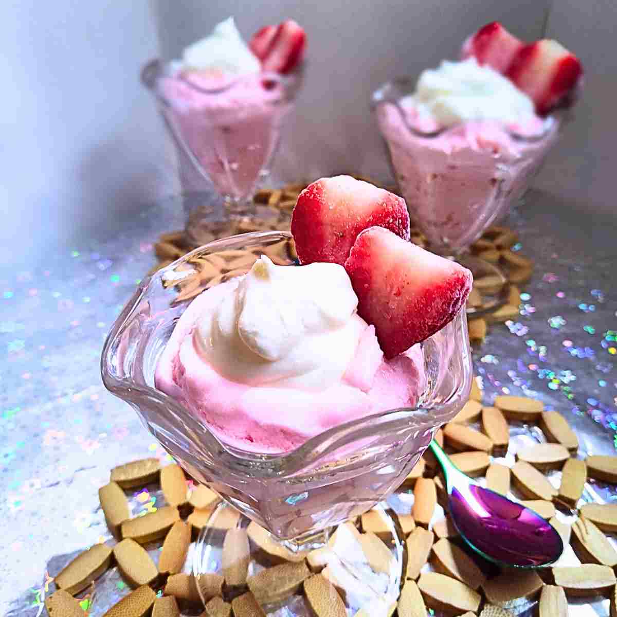 Fresh strawberries and strawberry mousse topped with creme fraiche.