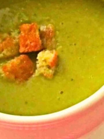 Homemade fresh pea soup is delicious and satisfying served with croutons.