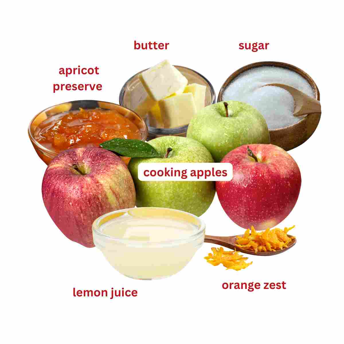 A labelled photo of all the ingredients for French apple tart.
