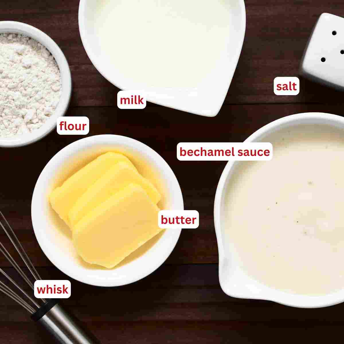 Ingredients for béchamel sauce labelled for easy identification.