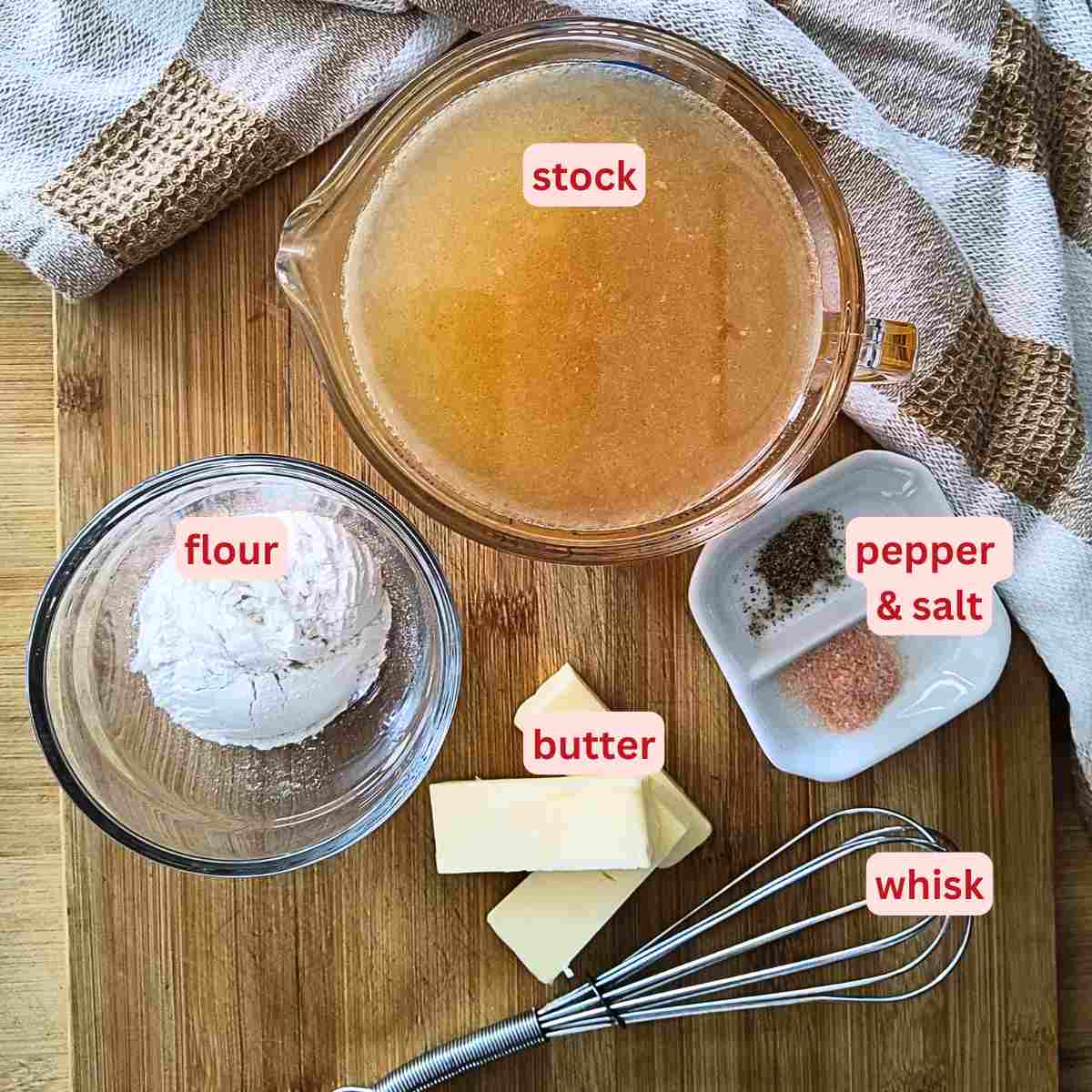 Labelled ingredient photo for veloute sauce kitchen staples.