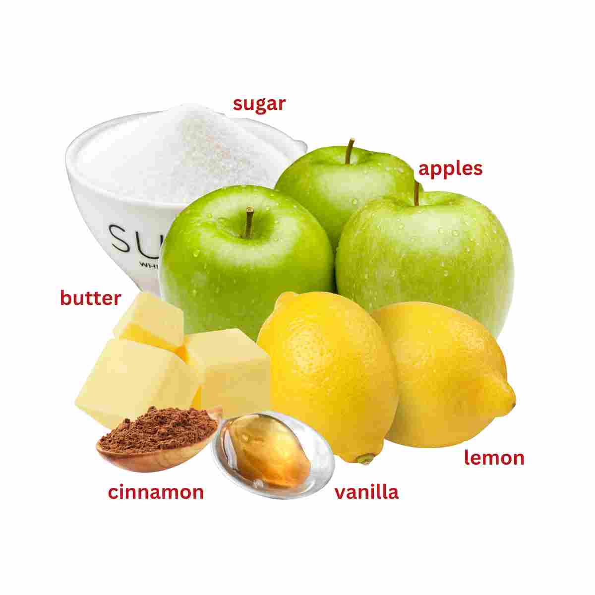 A labelled photo of all the ingredients to make caramelized tarte tatin.