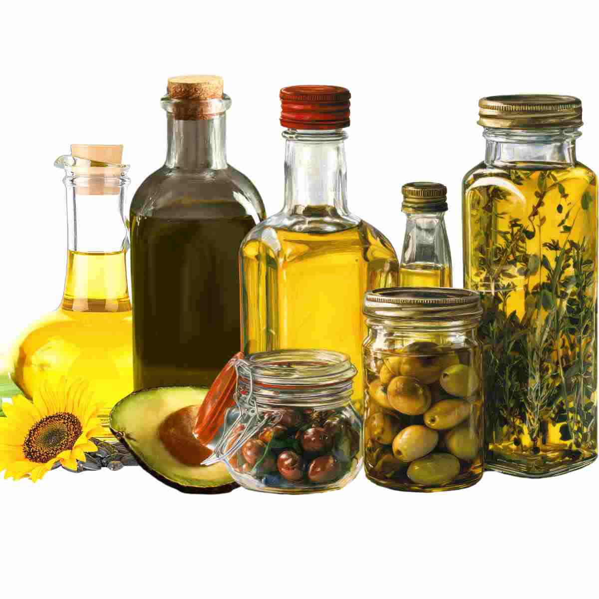 A variety of cooking oils for cooking and using on salads.