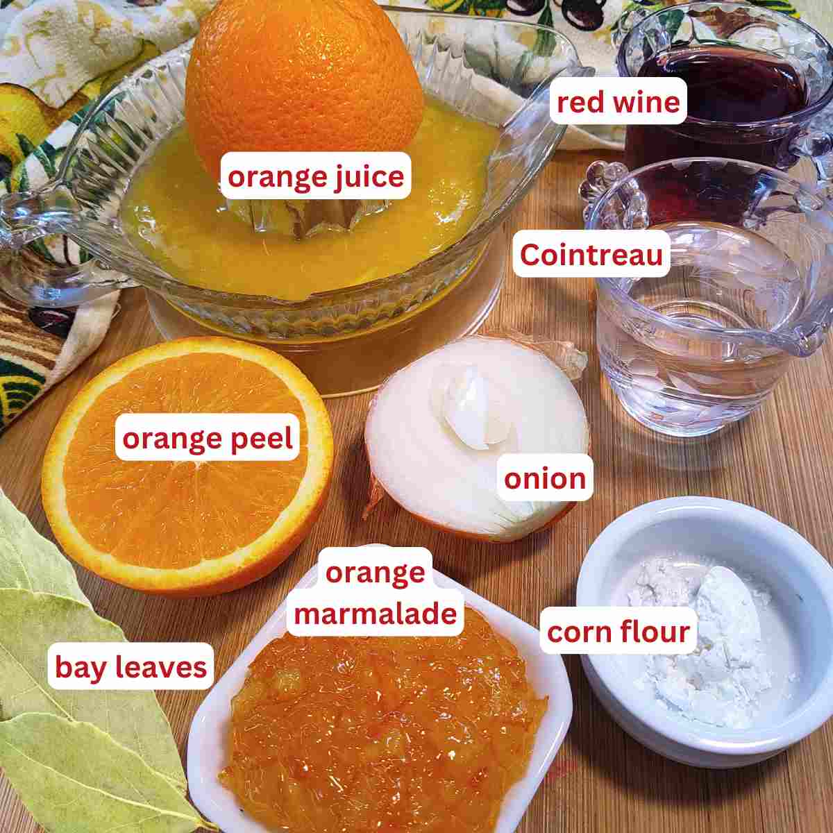 A photo showing the ingredients required to make duck a l'orange.