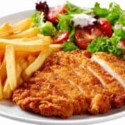 A chicken fillet flattened with a golden bread coating to make it crispy.