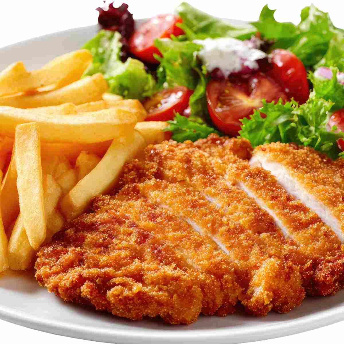 A chicken fillet flattened with a golden bread coating to make it crispy.