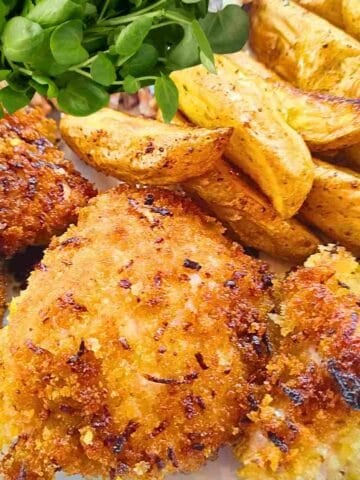 A Mediterranean grilled chicken breast with a golden crust.