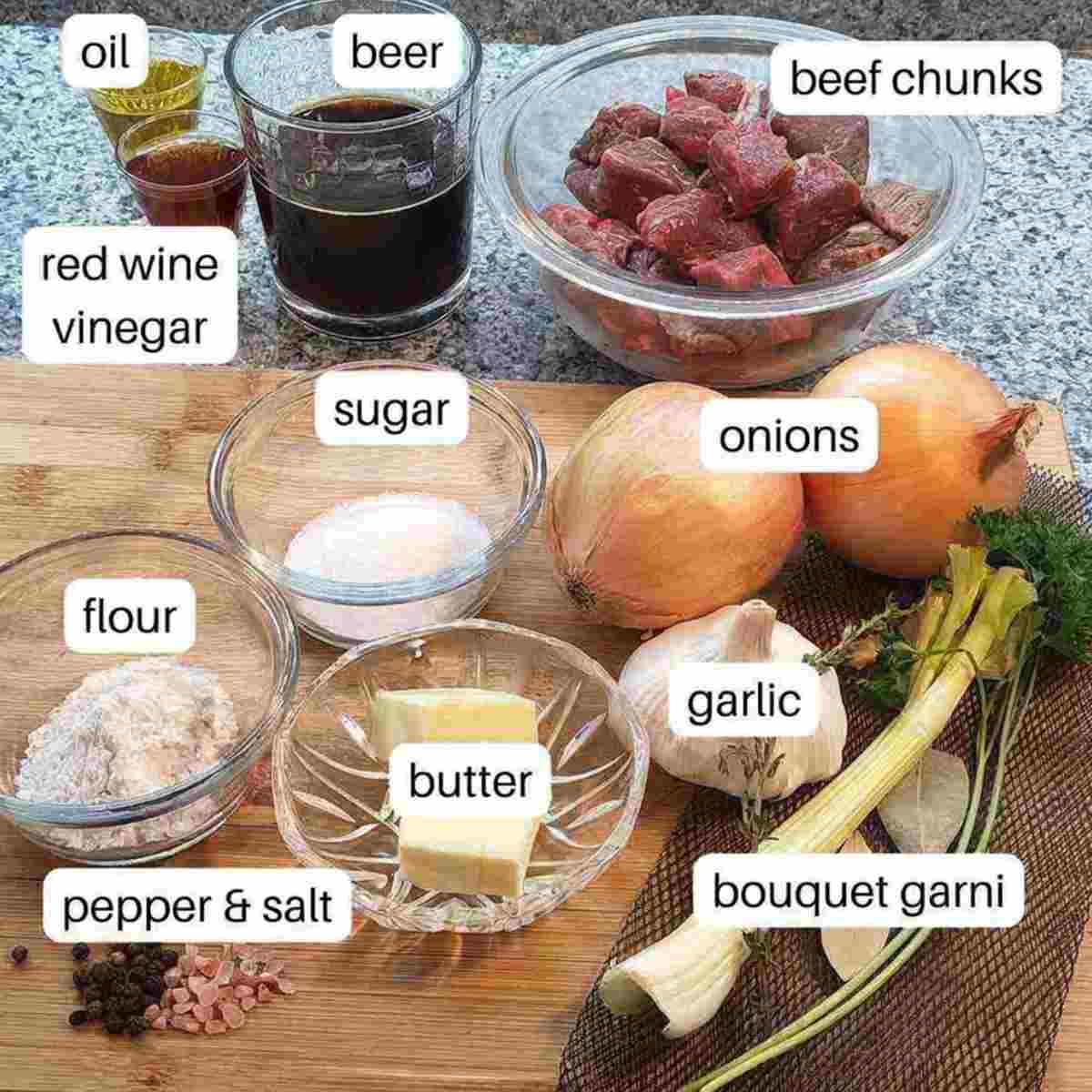 A photo of all the ingredients labelled in beef and beer stew recipe.