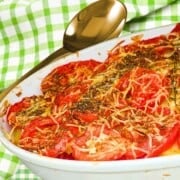 A vegetable tian made with eggplant, zucchini, tomato and potato.