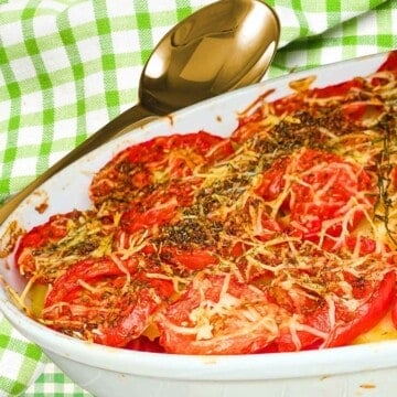 A vegetable tian made with eggplant, zucchini, tomato and potato.