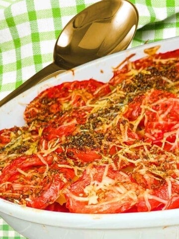 A vegetable tian made with eggplant, zucchini, tomato and potato.
