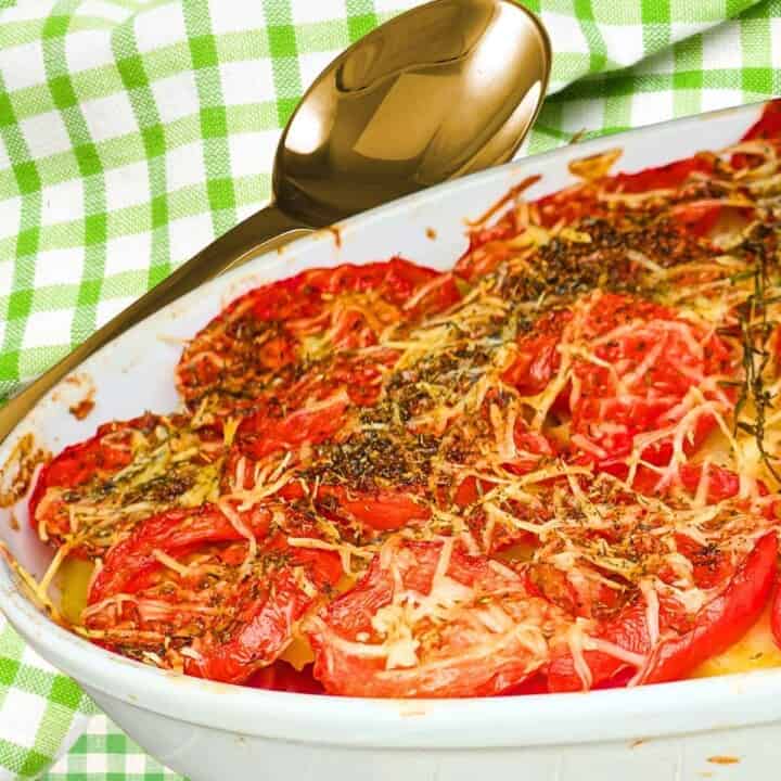 A vegetable tian made with eggplant, zucchini, tomato and potato.