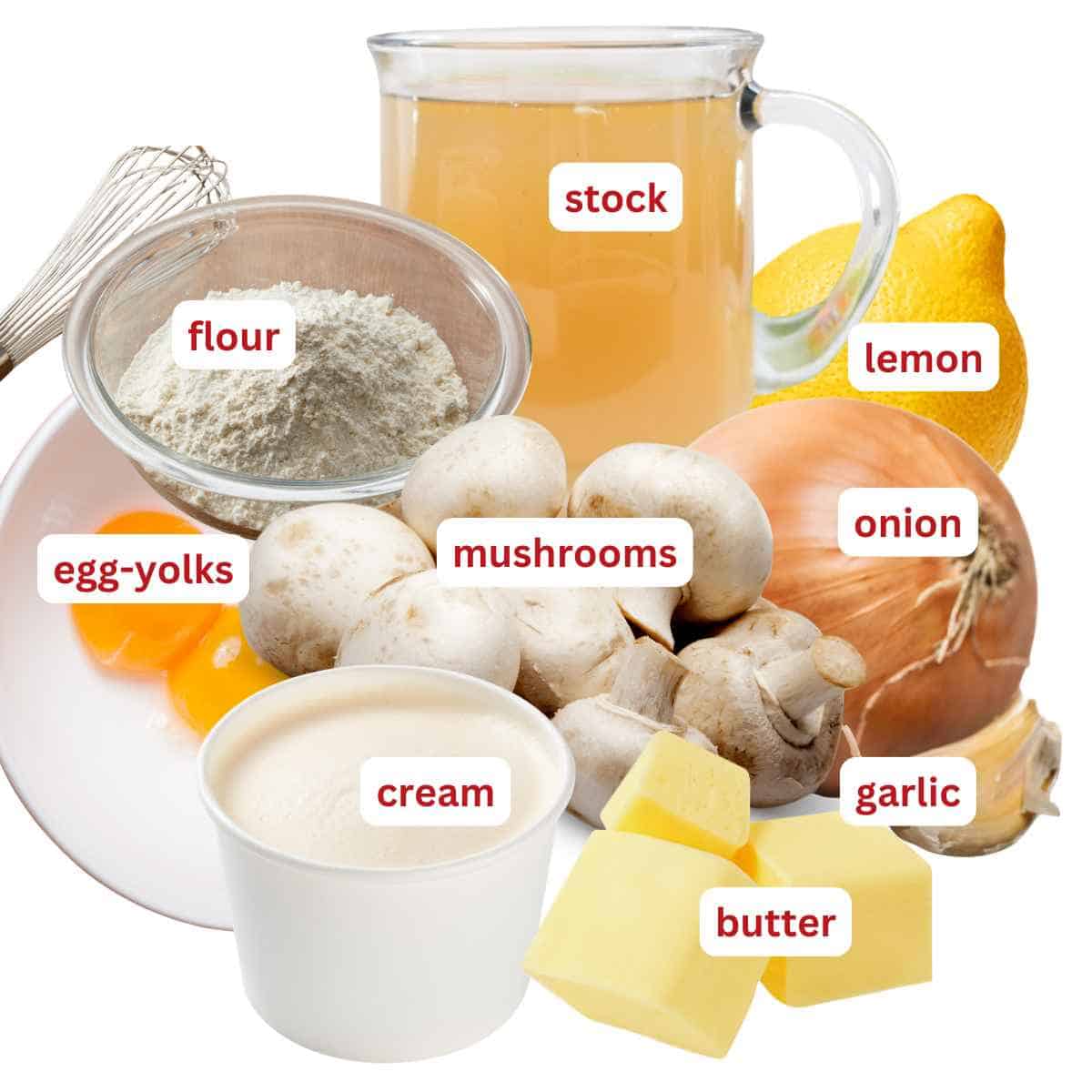A labelled ingredient shot of homemade cream of mushroom soup.
